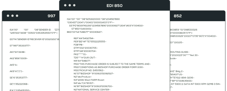 顯示EDI 997、EDI 850和EDI 852交易的原始EDI數據的圖表